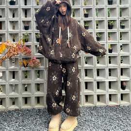 韩系高级感时尚珊瑚绒连帽睡衣女冬季新款加厚保暖家居服套装外穿
