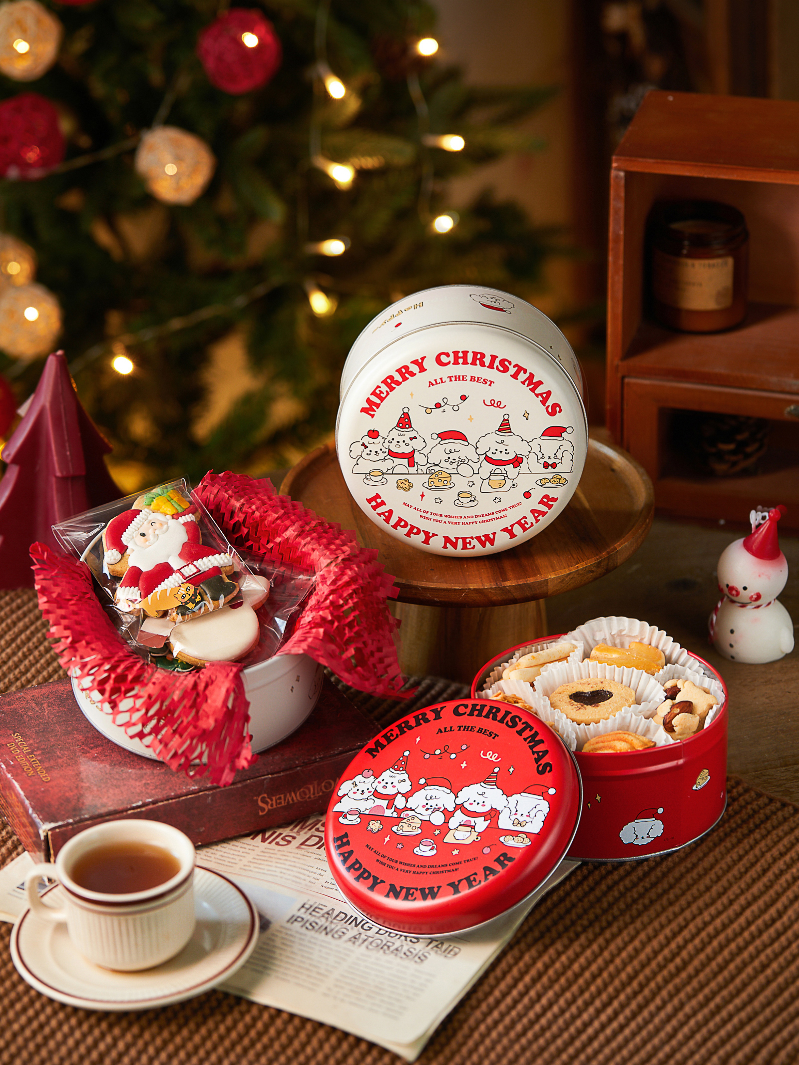 Navidad creativa galletas de cacao croquete cajas de embalaje de caramelo taffy tortilla de nieve redonda caja de hierro