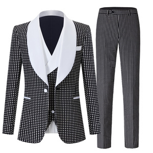 Men's jazz dance wear groomsmen party band singers performance dress suit shawl collar three-piece suits white collar black groom's jacquard suits