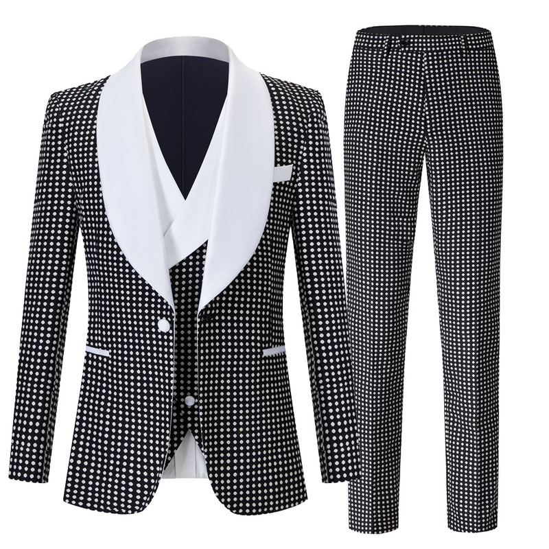 Men's jazz dance wear groomsmen party band singers performance dress suit  shawl collar three-piece suits white collar black groom's jacquard suits
