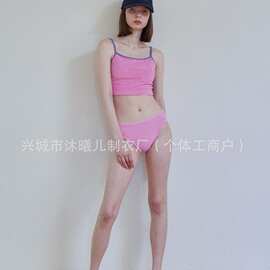 批发韩国新款分体比基尼性感辣妹撞色毛巾料沙滩温泉度假跨境泳装