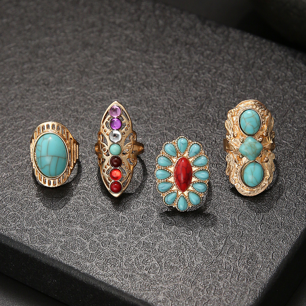 4 Piece Set Fashion Round Alloy Inlay Turquoise Women's Rings display picture 1