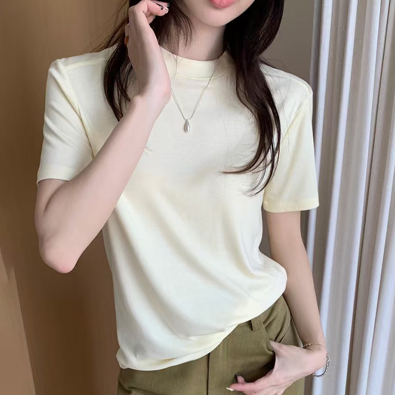 气质款小圆领半袖T恤打底衫女弹力修身显瘦百搭纯色秋冬短袖内搭|undefined