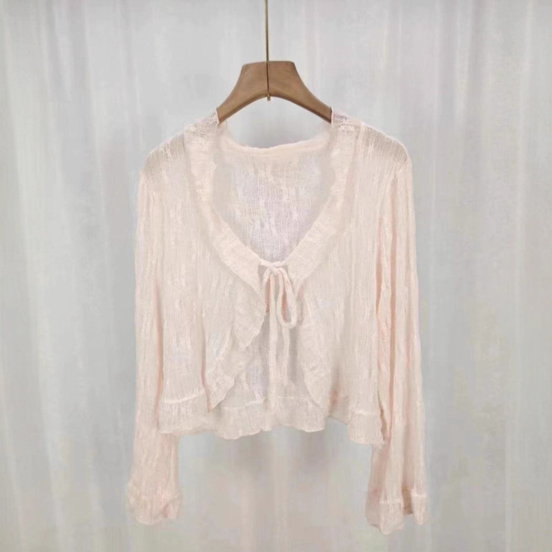 Autumn New Style Ruffled Edge Versatile Sweet Fairy-Style Thin Lace Outerwear Hollow-Out Knit Sweater for Women Autumn New Style Ruffled Edge Versatile Sweet Fairy-Style Thin Lace Outerwear Hollow-Out Knit Sweater for Women