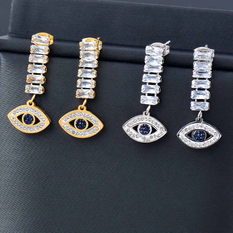 Fashion Devil's Eye Titanium Steel Inlay Inlaid Gold Zircon Drop Earrings 1 Pair display picture 1