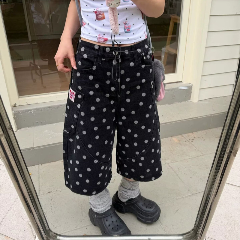 Japanese-Style Black Polka Dot Wide-Leg Pants for Women, 2026 Summer New Fashion Versatile High-Waisted Cropped Jeans Japanese-Style Black Polka Dot Wide-Leg Pants for Women, 2026 Summer New Fashion Versatile High-Waisted Cropped Jeans