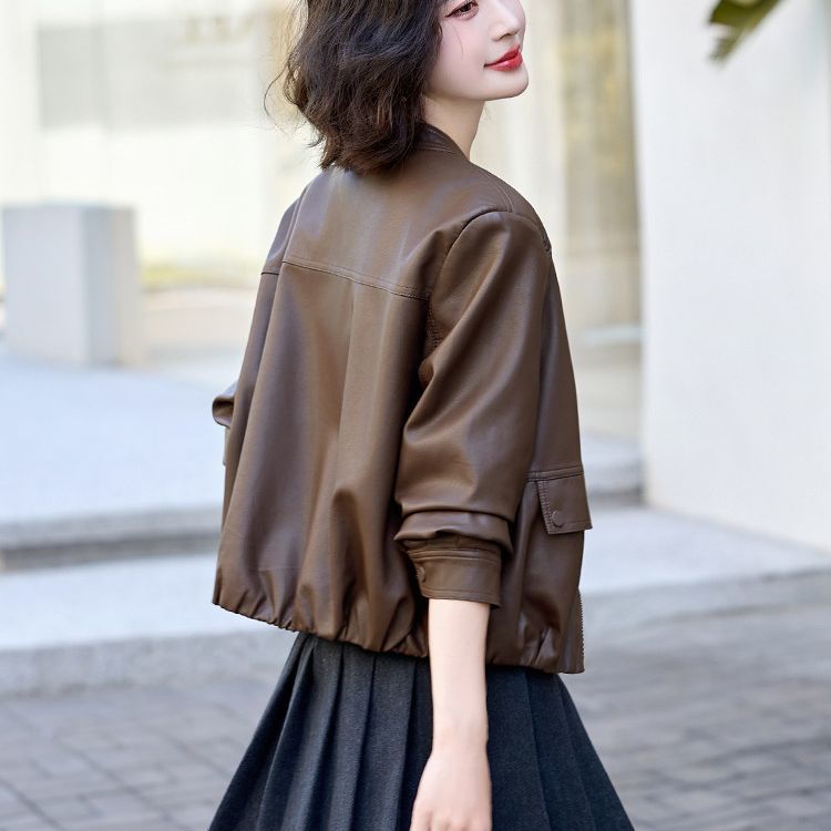 Women's Short Loose Pu Leather Motorcycle Jacket for Petite Figures, New 2025 Spring and Autumn Collection