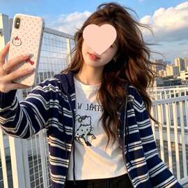 韩系条纹双拉链针织上衣外套女2026秋冬新款设计感宽松连帽毛衣潮
