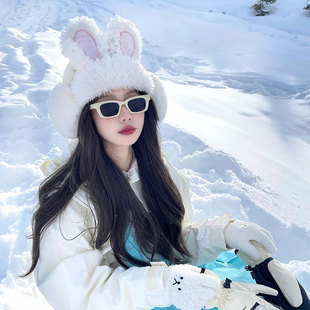 Ski Helmet Decoration Cute Rabbit Ears Helmet Cover Hat Stuffed Warm Cold-Proof Pullover Hat Ski Accessories