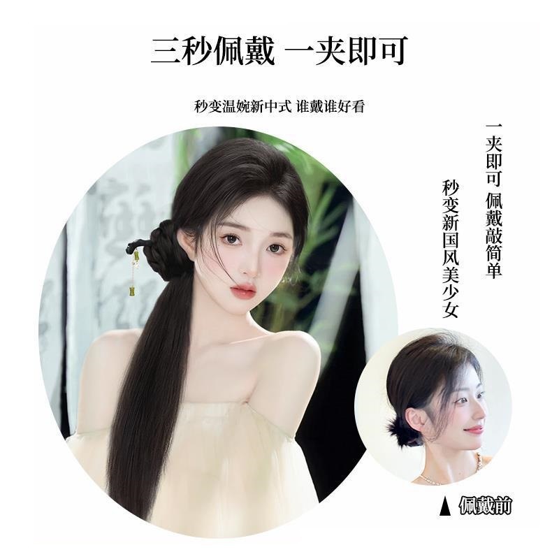 新中式竹节发簪辫子双马尾假发女古风抓夹仿真编发旗袍汉服侧|undefined