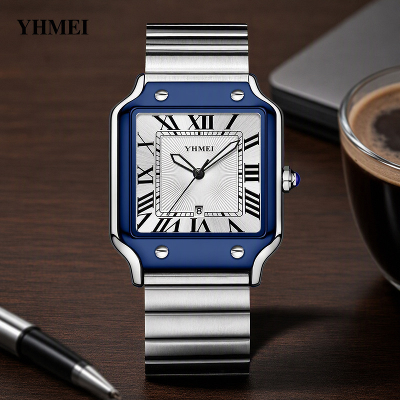 Yhmei Square Quartz Watch Men's Watch Stainless Steel Strap Calendar Waterproof Casual Wristwatch Yhmei Square Quartz Watch Men's Watch Stainless Steel Strap Calendar Waterproof Casual Wristwatch