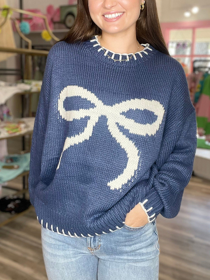 Vêtements pour femmes pull jacquard à nœud pour femmes automne et hiver style paresseux pull ample chaud et confortable_voghion.com