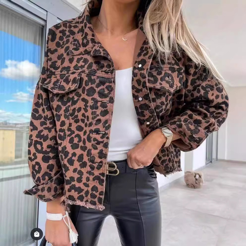 2024 Amazon Europe and the United States cross-border explosions tide washed old leopard print fur Denim coat women's jacket