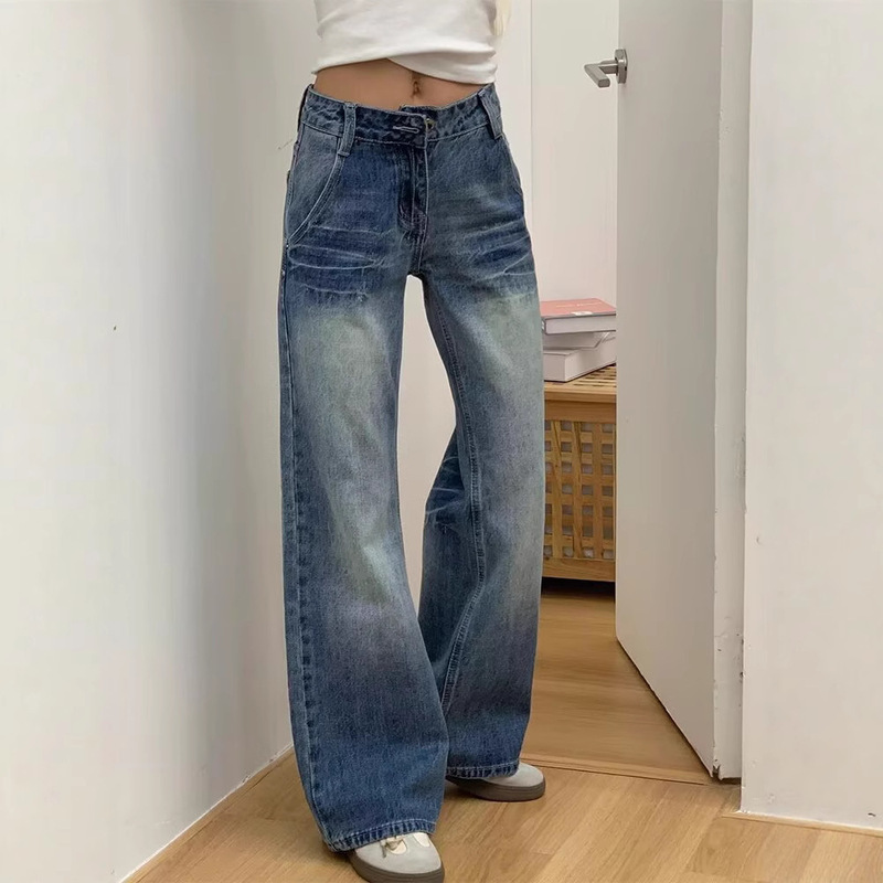 American Retro Light-Colored Flared Jeans for Women, Summer Washed Low-Waist Slimming Loose Wide-Leg Pants Versatile Trendy