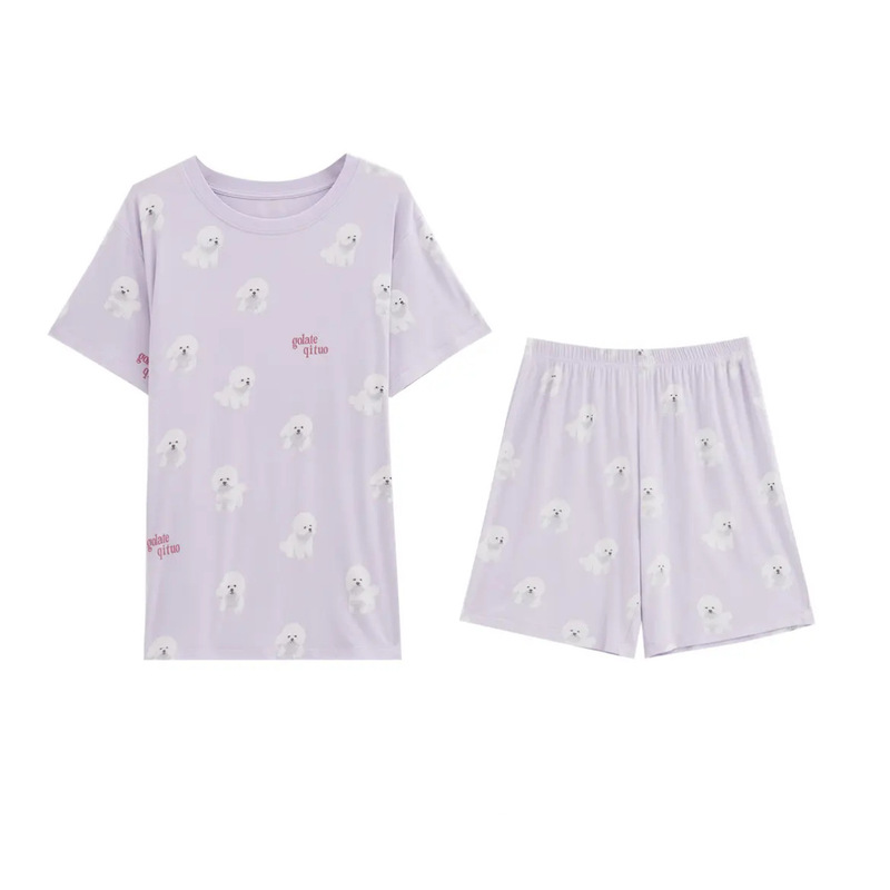 Bamboo Fiber Cute Bichon Dog Print Round Neck Short-Sleeved Loose Soft Waxy Light Pajamas Summer Women's Home Wear Set
