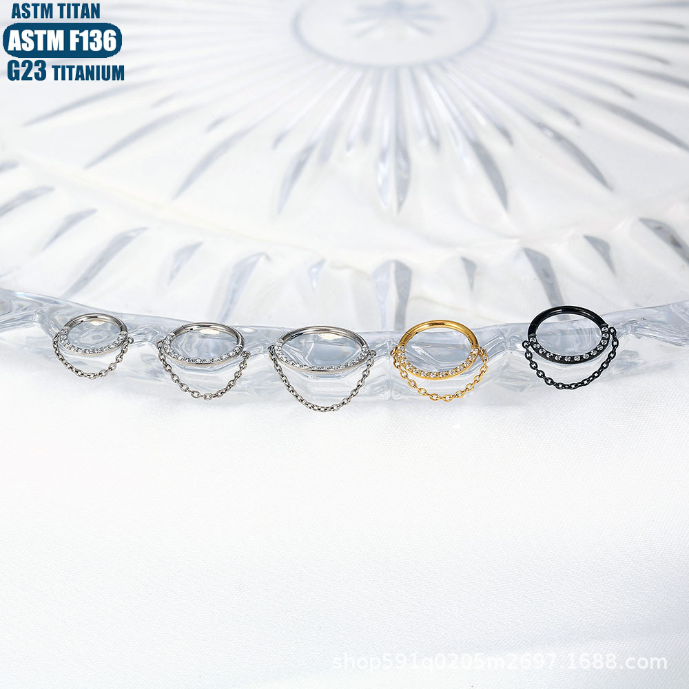 G23 Titanium Hinge Nose Ring with Zircon Chain Earrings - Seamless Open Ring Cartilage Septum Perforated Ear Ring Nose detail image 22