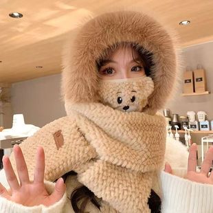 2023 cute plush hat scarf three-piece set women's autumn and winter ear protection riding thickened windproof warm scarf