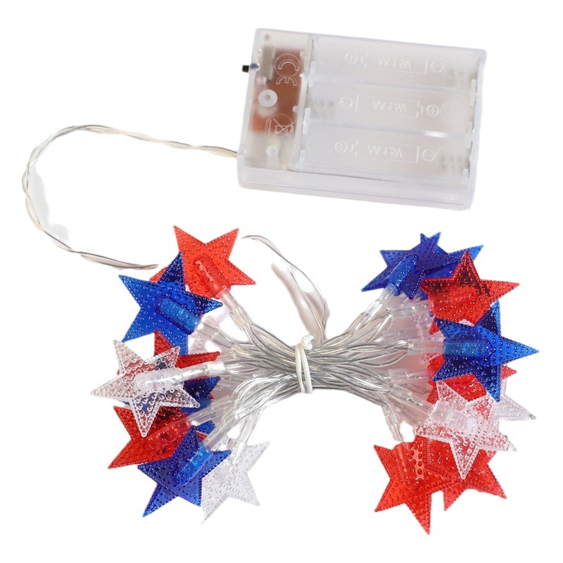 Transfronterizo nuevo LED Día DE LA Independencia rojo azul blanco estrella de cinco puntas Cadena de luz de la batería decoración de vacaciones de América al por mayor LED luces de colores
