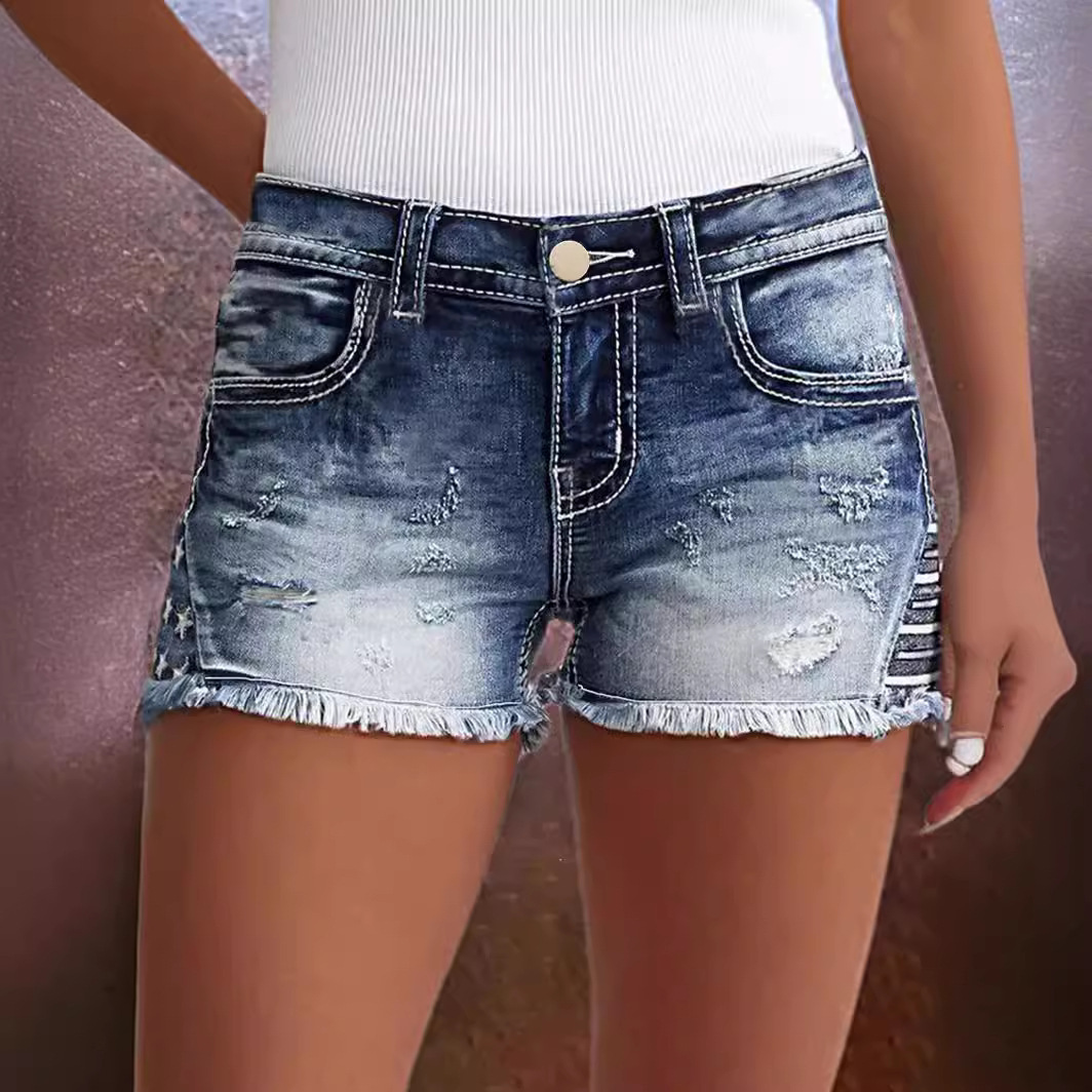 Women's European And American Fashion Ins Hot Style Elastic Patch Embroidered Ripped Denim Shorts_ecoleips.com