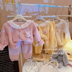 新款花边家居服儿童秋冬款家居套装女童花边圆领休闲两件
