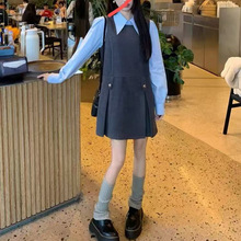 意法新款学院牛仔背心裙衬衫两件套