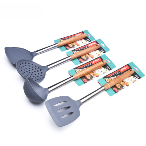 Stainless steel handle silicone kitchen tools, non-stick pan cooking spoons and spatulas, wooden handle silicone pot utensil set