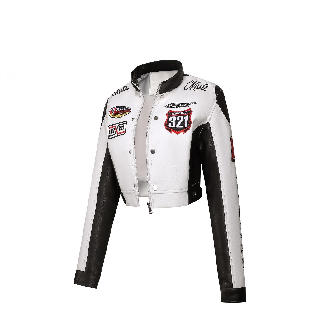 Amazon Women's Motorcycle Jacket Embroidered with White Pu Leather Women's Leather Jacket Trendy Cool and Handsome Jazz Dance Motorcycle Jacket