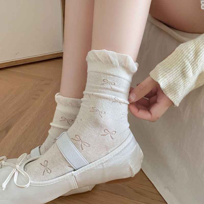 boneless socks women's thin hollow tube socks bow ballet style women's socks japanese style bubble mouth lace pile socks