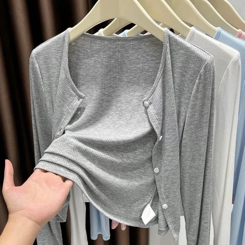Gray Threaded Cardigan Thin Shawl Women's Jacket Sun Protection Blouse Outer Wear 2025 New Office Air-Conditioning Shirt Summer