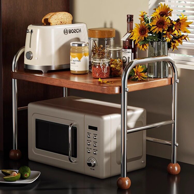 Medieval-Style Kitchen Microwave Oven Rack Countertop Oven Stand Multi-Functional Pull-Out Rice Cooker Storage Rack