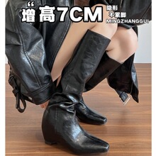 现货~内增高7cm方头长筒骑士靴女秋冬季英伦风后拉链显瘦高筒靴女