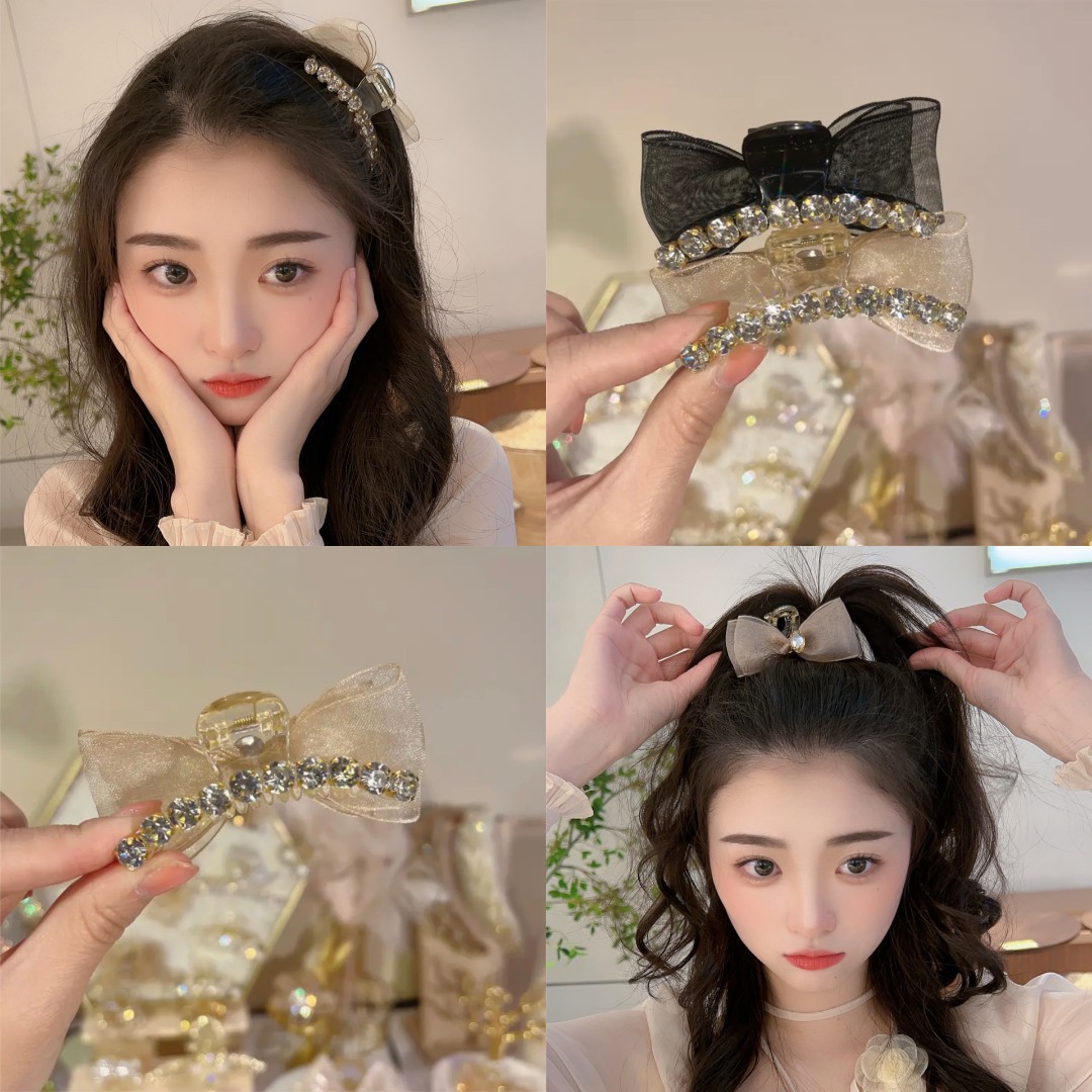 輕奢韓版春夏蝴蝶結劉海夾水鑽女抓夾網紗髮夾鯊魚夾髮飾批發髮夾