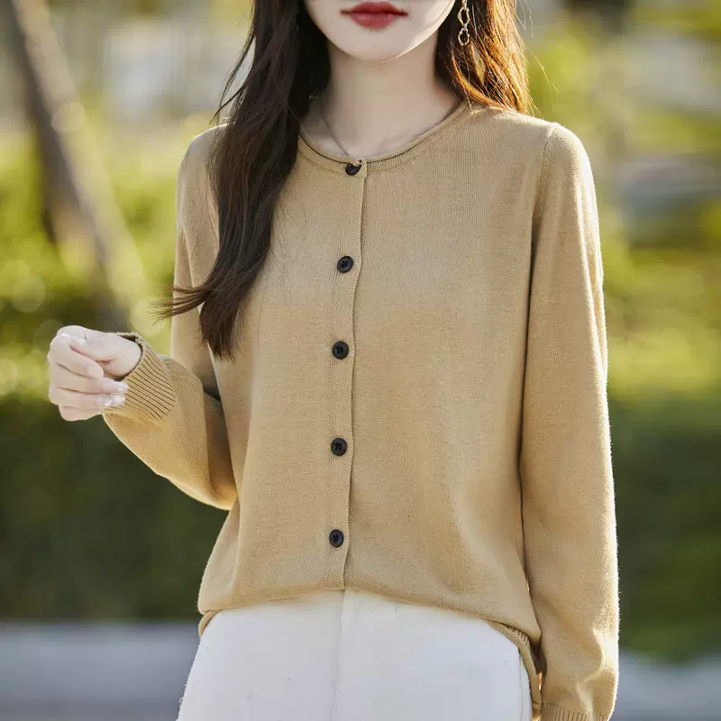 纯棉卷边外套女圆领女式秋新短款开衫毛线针织衫毛衣2025外贸外贸