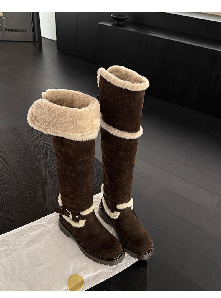 Boot tuyết nữ đế dày cổ cao quá gối lót lông cừu chống trơn trượt bo gấu lông — màu nâu chi tiết 31