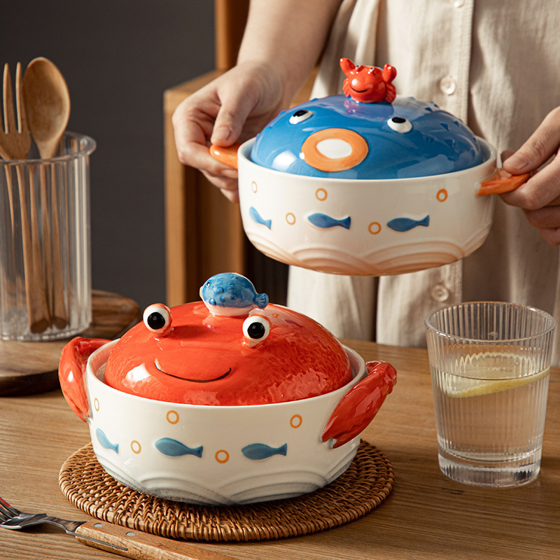 蓋付きクリエイティブオーシャン食器セラミックインスタントラーメンボウル携帯電話ホルダー両耳インスタントラーメンボウル学生寮食事ボウル|undefined
