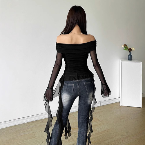 2025 Sweet and Spicy Sister Style Ruffled Hem Spliced One-Shoulder Long Sleeve T-Shirt Slimming Bodycon Top for Women Autumn Wear 