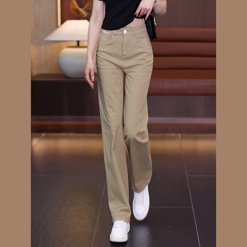 Khaki Denim Straight Pants for Women Spring, Summer and Autumn 2025 New Style Small High-Waisted Narrow Casual Wide-Leg Pants