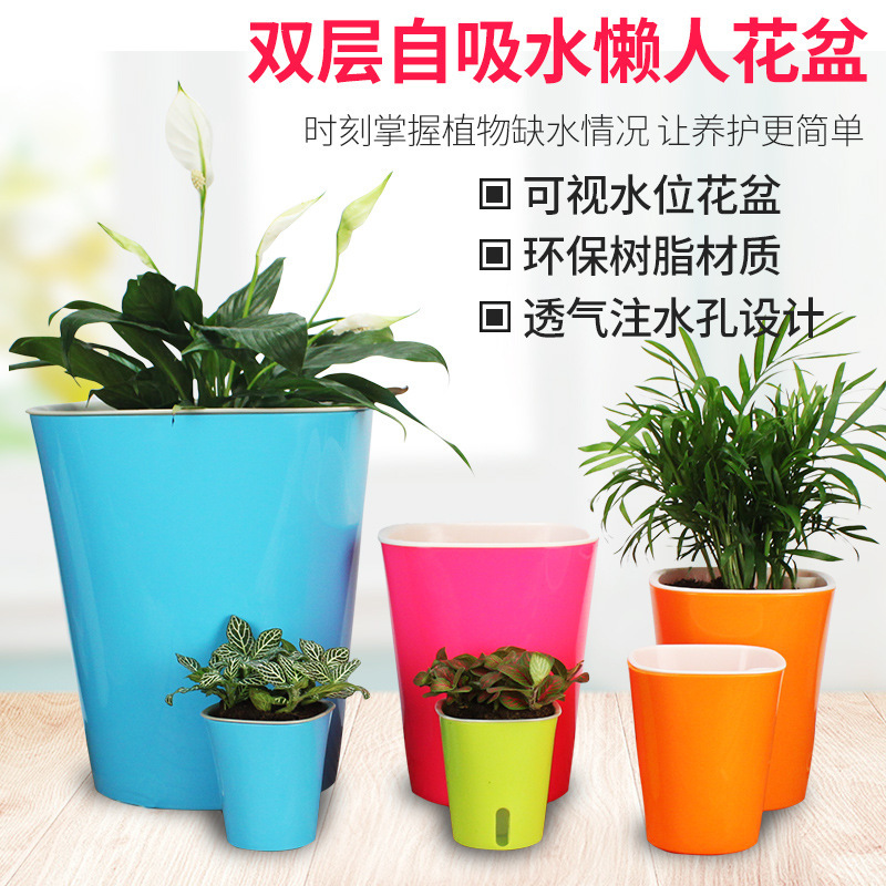 Creative automatic absorbent plastic lazy flower pot with absorbent cotton rope green radish imitation pottery planting flower green plant pot cross-border