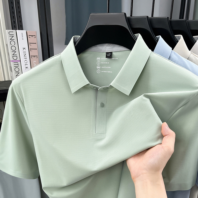 Seamless Ice Silk Breathable Men's Polo Shirt, Popular Style with a Turn-Down Collar, Solid Color, Casual, Wrinkle-Free, Thin Short-Sleeve Top