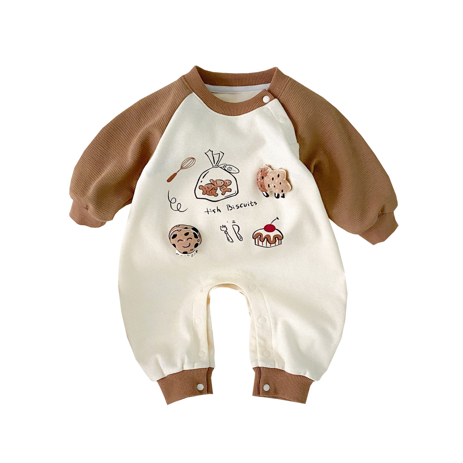 Nuevos productos en la primavera de 2025, monos para bebés masculinos coreanos, galletas de graffiti, ropa de gatear de manga larga para bebés y niños pequeños de estilo occidental