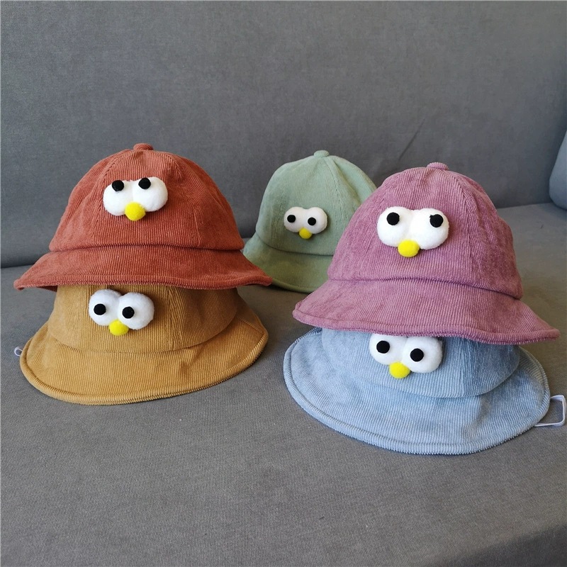 秋冬新款儿童盆 帽卡通灯芯绒帽复古宝宝遮阳帽小孩防风渔夫帽潮
