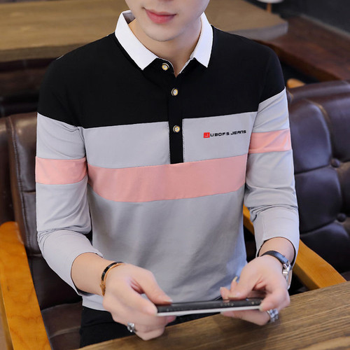 Autumn/Winter New Men's Long Sleeve T-Shirt Korean Style Slim Fit Blue Polo Shirt Plus Size Trendy Men's Top