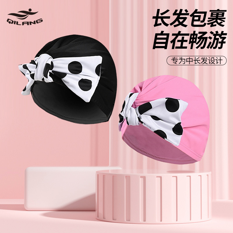 Gorro de baño, cabello largo, sin cabeza, circunferencia de la cabeza grande para adultos, tela plisada de alto valor, protección de los oídos de moda, gorro de baño de tela de lujo ligero