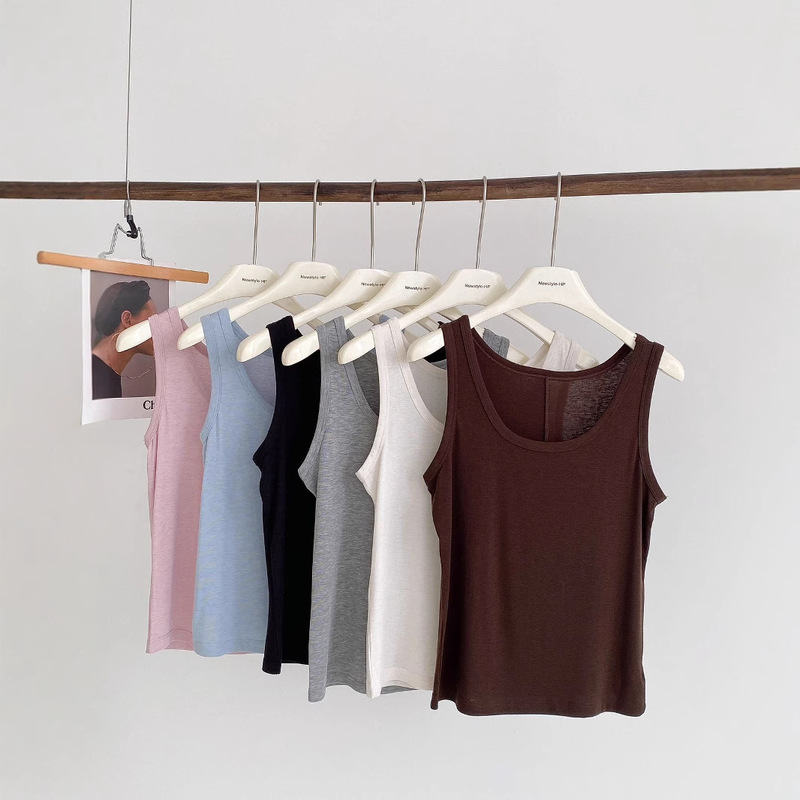 Spot Lyocell Acetate Tencel Sheep Wool U-Neck Vest Sleeveless Inner Layering Shirt Top Pure Color Ins Vest