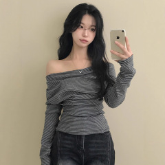 chic秋季复古条纹一字肩褶皱收腰长袖T恤辣妹修身休闲韩风上衣女