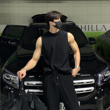 ASCLO韩国砍袖背心套装男冰丝夏季无袖t恤韩版宽松运动潮休闲百搭