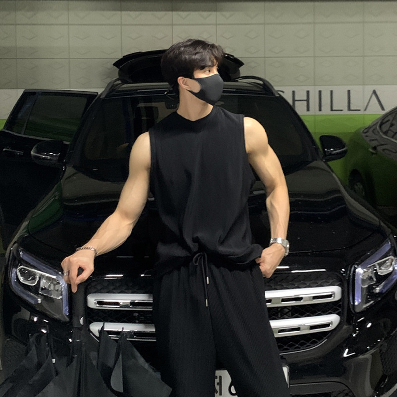 ASCLO韩国砍袖背心套装男冰丝夏季无袖t恤韩版宽松运动潮休闲百搭