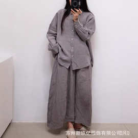 2026春季新款文艺纯色休闲衬衫 宽松气质翻领亚麻开衫上衣 女