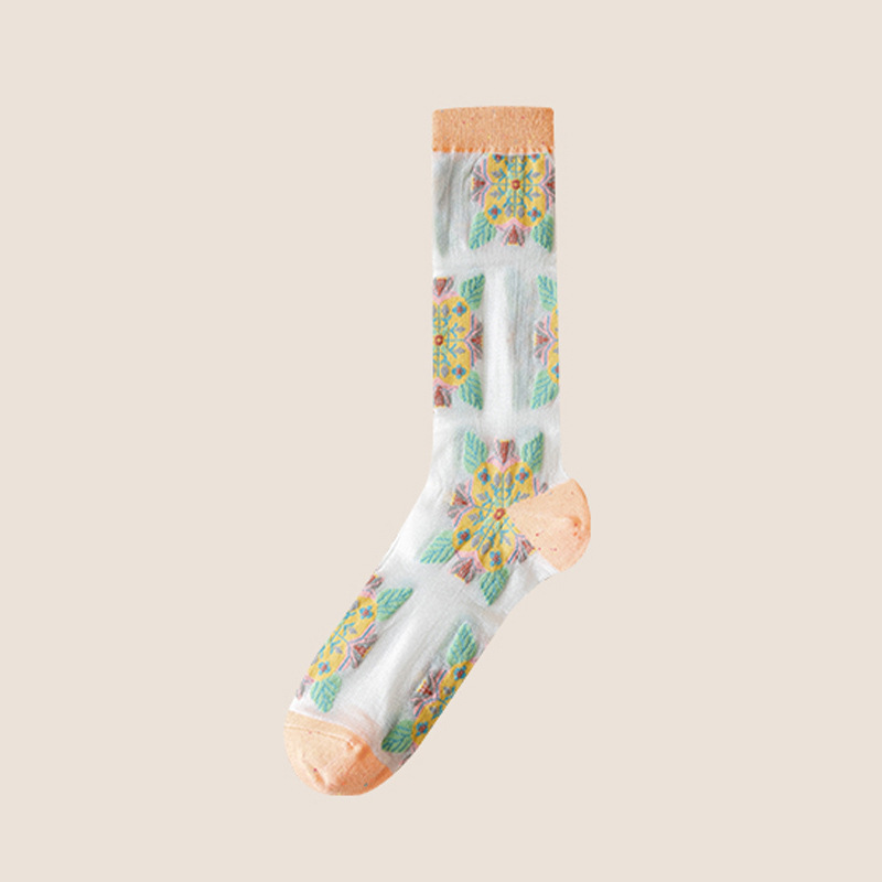 Calzini estivi sottili da donna 2025d 2025d, a metà polpaccio, alla moda, stile foresta floreale, in seta di vetro traspirante, calzini JK_voghion.com