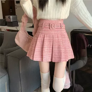 （配腰带）小香风百褶裙高腰显瘦a字半身裙女秋冬气质短裙粉色